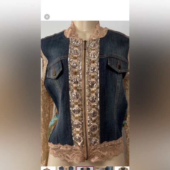 Cache Vintage Denim and Lace embellished Jacket,S - Picture 1 of 6